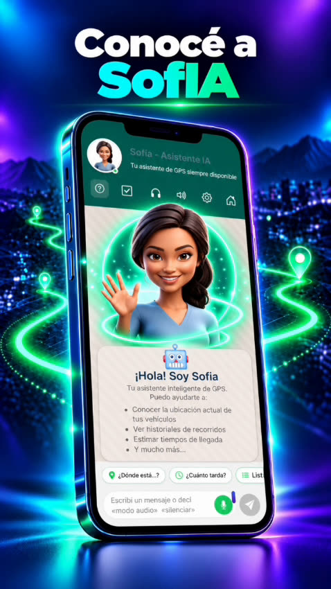 SofIA, la asistente con IA de WayGPS, saludando desde la app